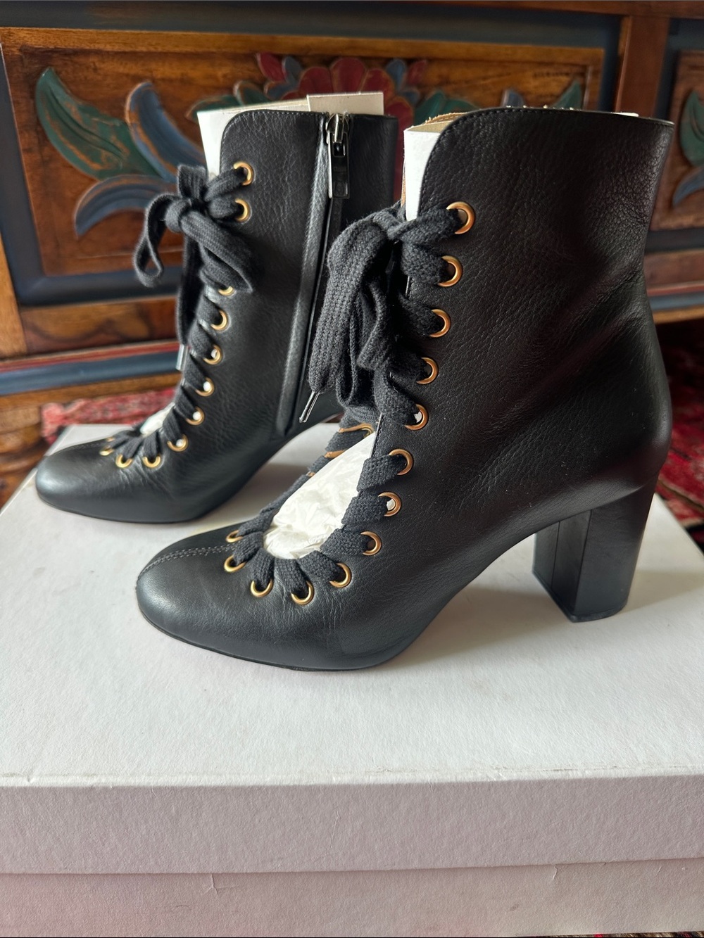 Chloe Black Leather Lace-Up Ankle Boots with Gold Eyelets - Picture 2 of 10